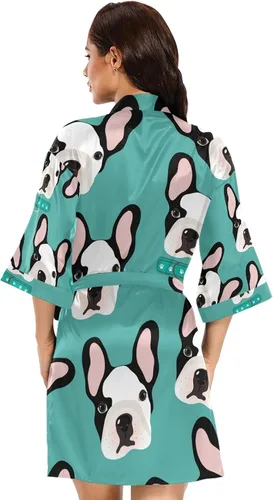 Vista 3 de Susiyo Seamless Cute Cartoon Dog Cachorros Azul Satén Túnica para Mujeres Kimono Estilo Corto Sedoso Albornoz Ropa de Dormir