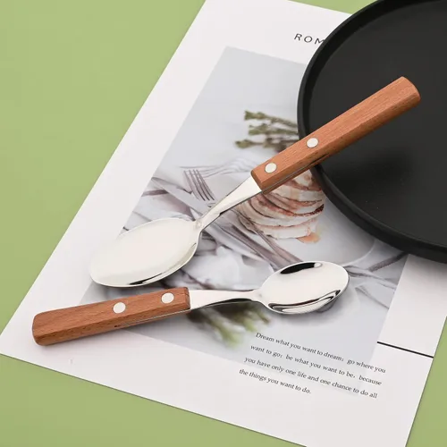 Vista 6 de Juego de 8 cucharas de espresso, juego de cubiertos de acero inoxidable 304 con mango de madera, cucharas pequeñas para postre, té, aperitivo, café