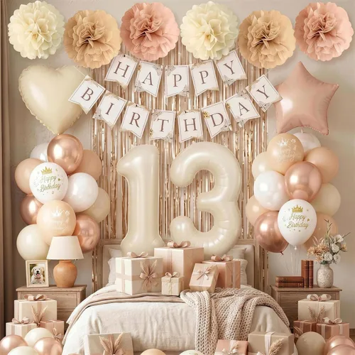 Vista 3 de Decoraciones de cumpleaños número 13 en crema para niñas, globos beige con número 13 en forma de corazón y estrella marrón, globos neutros