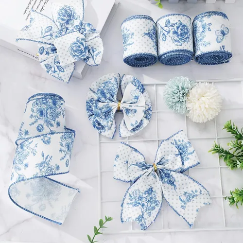 Vista 5 de AnyDesign Cinta blanca y azul con borde con alambre, diseño de mariposas y flores, 24 yardas, 2.5 pulgadas, cintas de tela de flores azules