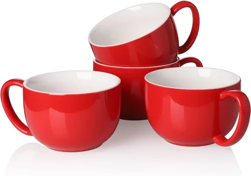 Vista 10 de Teocera Juego de 4 tazas de café color beige, taza de café de cerámica de 16 onzas, juego de tazas grandes con asa para bebidas frías o calientes