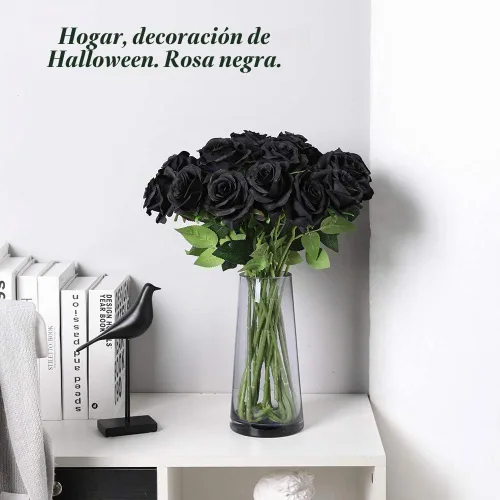 Vista 2 de Laelfe 12 PCS Flores Artificiales Rosas Negras, Flores de Seda Falsas de Tallo Largo Rosa Artificial para Decoraciones de Halloween Hogar Boda Negro