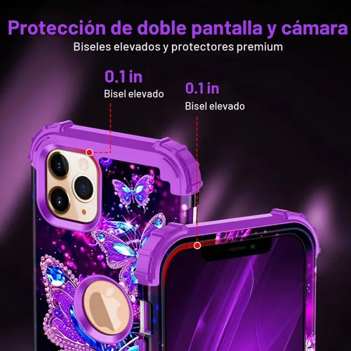 Vista 5 de Miqala Funda para iPhone 11 Pro Max, que brilla en la oscuridad, tres capas, resistente, a prueba de golpes, protección de cuerpo completo Mariposa