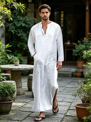 Vista 5 de Jacansi - Bata de cuello en V para hombre, manga corta, división lateral, caftán de algodón, thobe largo, tallas S-3XL Blanco (White #1)