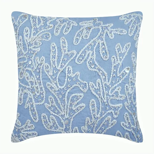 Vista 24 de The HomeCentric Funda de cojín para sofá, 12 x 12 pulgadas, funda de almohada decorativa cuadrada de lino azul claro con zardozi y cuentas bordadas