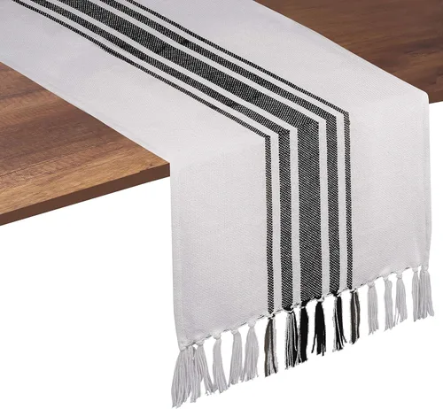 Vista 16 de Native Fab Camino de mesa a rayas grises – Mantel bohemio de 72 pulgadas de largo con borlas – 100% algodón, tejido apretado, mantel antideslizante