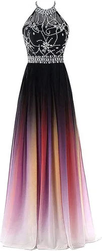 Vista 8 de Kivary Vestidos de noche largos de gasa degradado con cuentas transparentes halter, Ombre