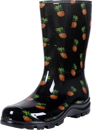 Vista 14 de Asgard Botas de lluvia a media pantorrilla para mujer, botas de goma impermeables estampadas, zapatos cortos de jardín Negro