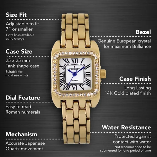 Vista 2 de Peugeot Women Tank Crystal Bezel Roman Numeral Panther Link Bracelet Watch Dorado