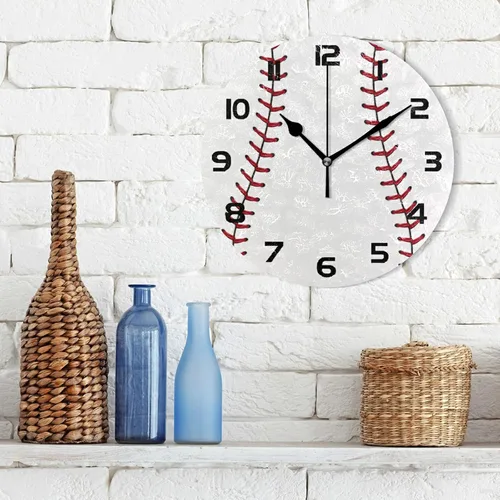 Vista 2 de Reloj de pared con estampado de béisbol deportivo, silencioso, sin tictac, reloj de pared redondo de béisbol de 9.5 pulgadas, funciona
