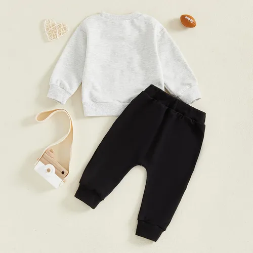 Vista 26 de Conjunto de 2 piezas de ropa para bebé y niño, sudadera con cuello redondo con letras y pantalones casuales de otoño e invierno B Negro-marrón