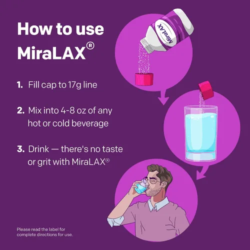 Vista 10 de MiraLAX Polvo laxante, alivio suave del estreñimiento para adultos, suavizante de heces con PEG 3350, laxante no estimulante, sin efectos