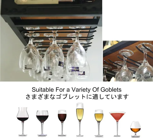 Vista 5 de Estante de metal para vino montado en la pared con soportes para copas de vino para colgar debajo del estante, estantes de bar, soporte
