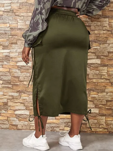 Vista 2 de WDIRARA Falda de carga lateral dividida con nudo de cintura alta para mujer, talla grande, con bolsillos