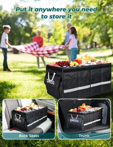 Vista 8 de YOHOOLYO Organizador de maletero de automóvil con bolsa refrigeradora aislada plegable para SUV con múltiples compartimentos y tapa