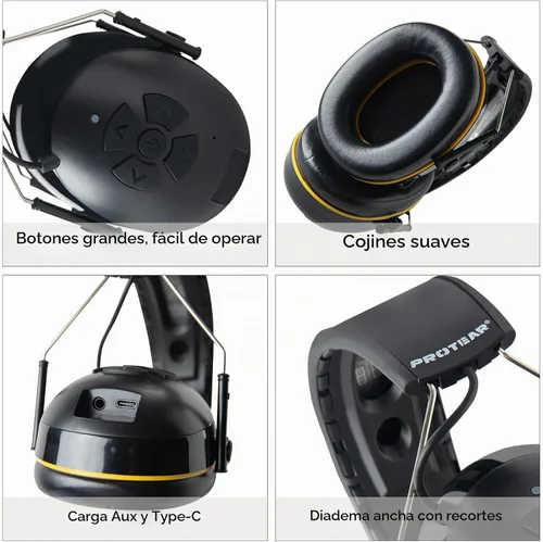 Vista 5 de Protección auditiva Bluetooth NRR 25dB Micrófono integrado, protección auditiva recargable con Bluetooth, auriculares con cancelación de ruido manos