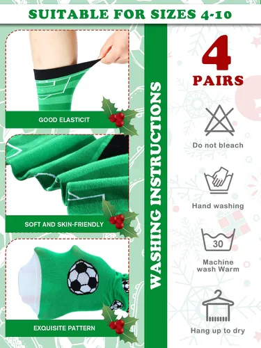 Vista 2 de Loopeer 4 pares de calcetines de fútbol de Navidad, novedosos calcetines temáticos de fútbol para hombres y niños, regalo deportivo para suministros