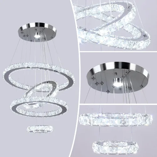 Vista 7 de Candelabros de cristal modernos con anillos LED, luz colgante ajustable, lámpara de techo de acero inoxidable para sala de estar, comedor y Blanco
