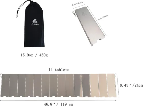 Vista 7 de Parabrisas plegable para estufa al aire libre con bolsa de transporte, 14 placas de aluminio para estufa de campamento, parabrisas ligero