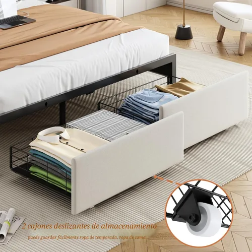 Vista 4 de Base de cama tamaño queen con cabecera de almacenamiento y 2 cajones, base de cama tapizada con botones capitoné, luces LED y estación de carga,