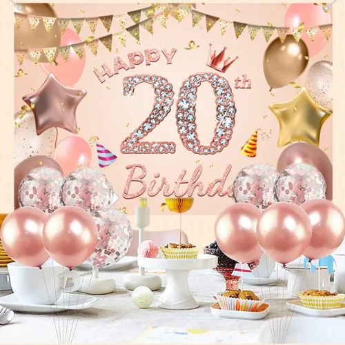 Vista 5 de Cartel de tela con texto en inglés "Happy 20th Birthday" para niñas y mujeres jóvenes de 20 años, cartel de tela para fiesta de cumpleaños de mujer