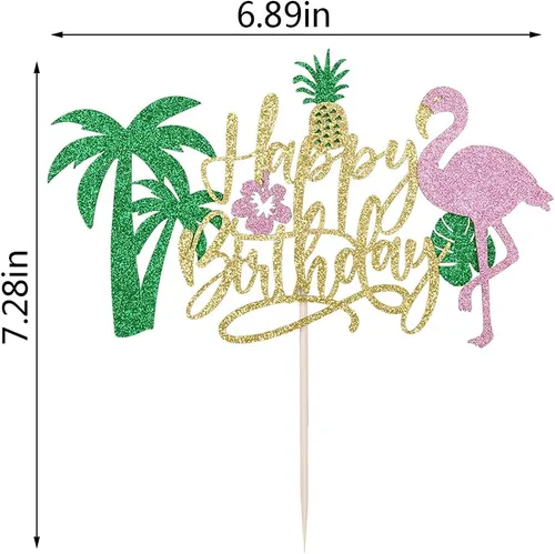 Vista 2 de PALASASA Decoración para tartas de cumpleaños con flamenco con purpurina, temática hawaiana de piña tropical Luau para niños y niñas, suministros