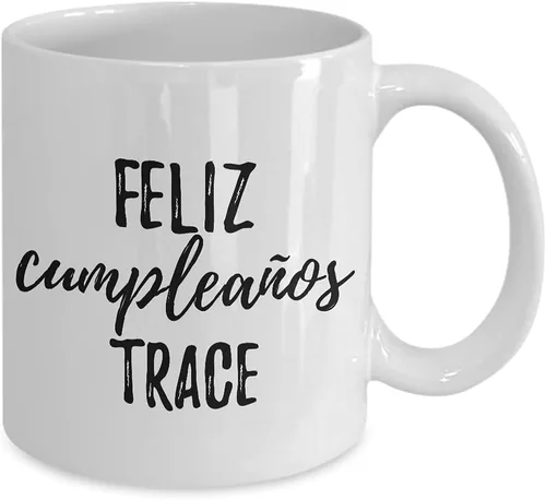 Vista 2 de Feliz Cumpleanos Trace - Taza de café con nombre personalizado, 11 onzas