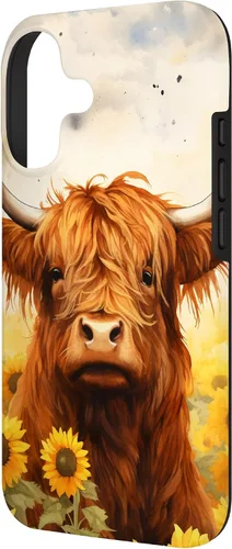 Vista 2 de Highland Cow Animal Lover Watercolor Sunflower Case for iPhone 17