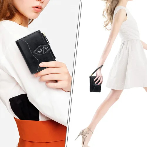 Vista 2 de CONISY Cartera pequeña para mujer, billetera compacta de cuero plegable con pulsera RFID bloqueo para mujer (negro)