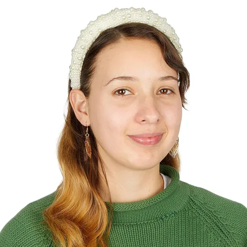 Vista 4 de Glamlily Diadema de terciopelo grueso – Accesorios para el cabello adornados con diamantes de imitación y perlas – Diadema acolchada con perlas