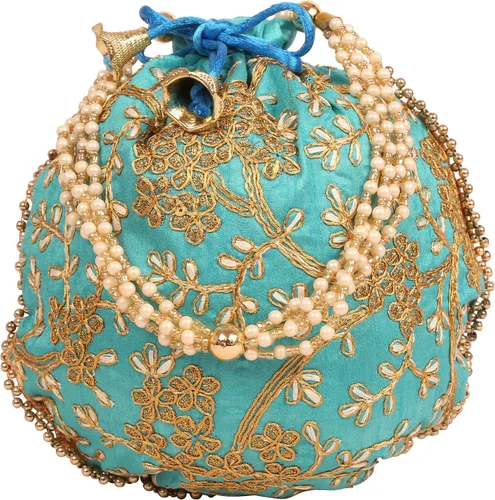 Vista 4 de Touchstone Bolsa tradicional india bordada a mano para regalos de compras, joyería de boda, perlas de imitación, cuerda con cordón para mujer.