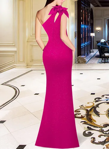 Vista 2 de VFSHOW Vestido largo formal de fiesta con un hombro descubierto para mujer, diseño de flores 3D, vestido de noche con abertura dividida