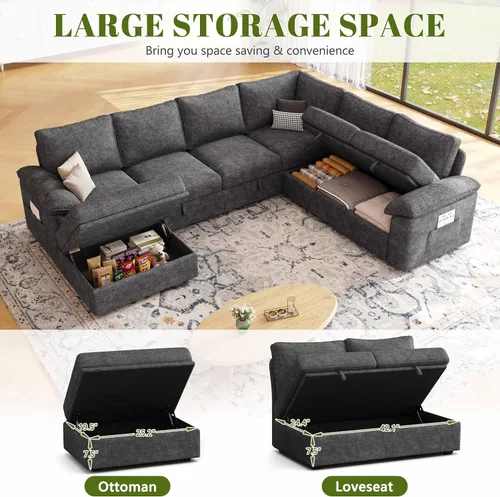 Vista 6 de Sofá modular modular de 106 pulgadas con cama extraíble, sofá cama, gris oscuro