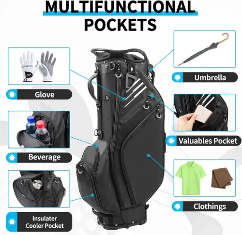 Vista 4 de Bolsa de golf con divisores de longitud completa de 14 vías con soporte, bolsa de golf ligera e impermeable, 8 bolsillos, bolsa enfriadora, bolsa