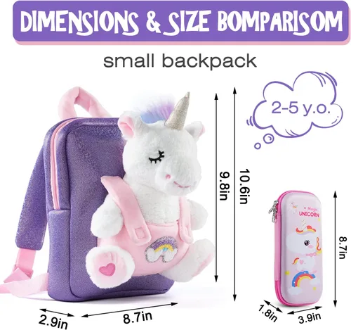 Vista 6 de Kozely Mochila pequeña para niñas, mochila de felpa de unicornio pequeña para niños, rosa y morado para la escuela, Navidad, regalos de cumpleaños