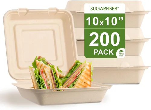Vista 14 de Harvest Pack - Contenedores compostables de 6 x 6 pulgadas (paquete de 50), caja Bento de 4 pulgadas sin PFAS con certificación BPI para tartas