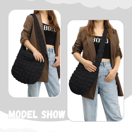 Vista 6 de KUANG! Bolsa grande acolchada para mujer, bonita bolsa de mano acolchada, bolsa cruzada inflada, bolsa de hombro acolchada de algodón