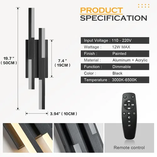 Vista 6 de Benkut - Aplique de pared LED moderno negro remoto para baño