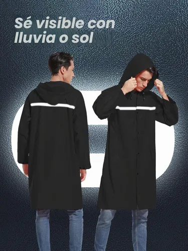 Vista 3 de Chaqueta de lluvia larga con capucha de seguridad para hombres, impermeable de emergencia, poncho Negro