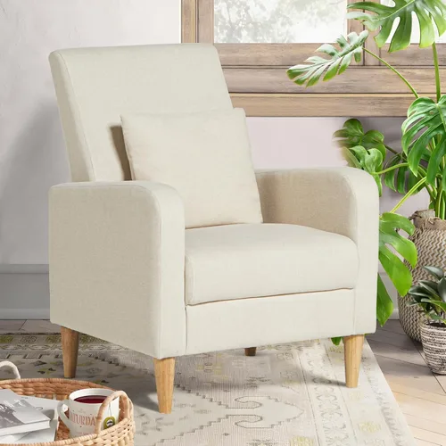 Vista 11 de COLAMY Mid-Century - Silla decorativa tapizada moderna con almohada trasera y patas de madera maciza, sillón acogedor de tela para sala de estar