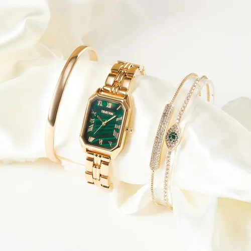 Vista 5 de TIME100 Women's Rectangle Bracelet Watch Set Premium Crystal Accented Bangle Watch W50889L Dorado