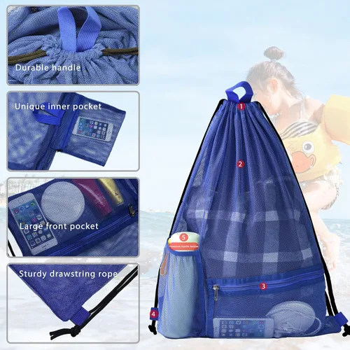 Vista 4 de Bolsa de malla con cordón resistente, mochila de gimnasio con soporte para botellas para bolas, natación, juguetes de playa, Azul, Deportes