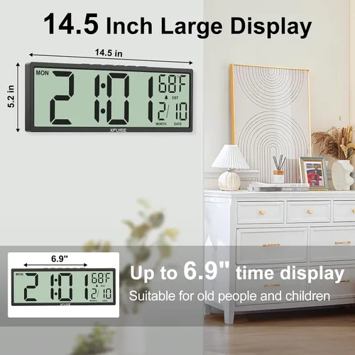 Vista 2 de Reloj de pared digital grande de 14.5 pulgadas, funciona con pilas con números gigantes, DST automático, día, fecha, alarma, temperatura para sala