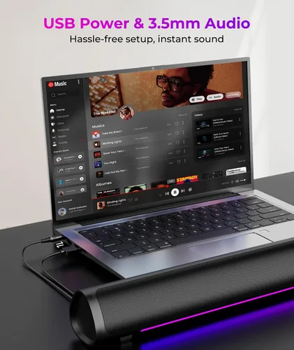 Vista 4 de Altavoces de computadora para PC de escritorio, barra de sonido de PC para juegos, Plug and Play, alimentación USB con audio de 0.138 in