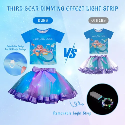 Vista 4 de Conjunto de disfraz de sirena para niñas con collar de corona, vestido de tutú arcoíris para fiesta de cumpleaños de Halloween