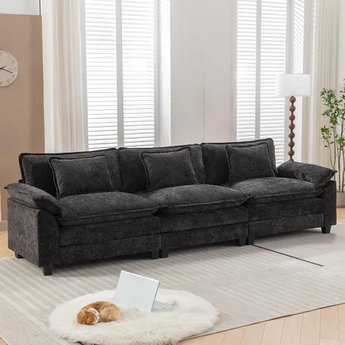 Vista 24 de URRED - Sofá seccional modular tipo nube, cómodo sofá cama de chenilla moderna con asientos profundos y otomán/almohadas para sala de estar