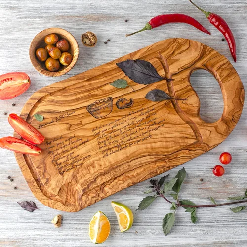 Vista 5 de Forest Decor Tabla de carne de madera de olivo con ranura para jugos, tabla de cortar recetas hecha a mano, tablero grabado de recetas