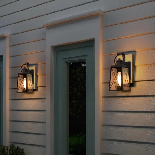 Vista 4 de Luces de pared para exteriores, apliques de pared exterior con vidrio semillado, faroles de bronce impermeables y antioxidantes para puerta