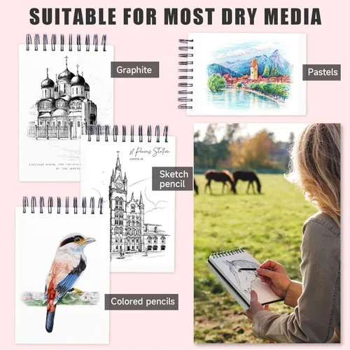 Vista 3 de Cuaderno de bocetos de 5.5" x 8.5", bloc de bocetos con 60 hojas (68 libras/100 g/m²), paquete de 1 bloc de dibujo, libro de dibujo libre de ácidos