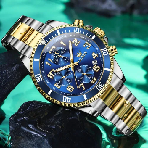 Vista 3 de OLEVS Reloj cronógrafo para hombre, vestido de lujo, acero inoxidable, impermeable, para hombre, fase lunar, calendario luminoso, de negocios